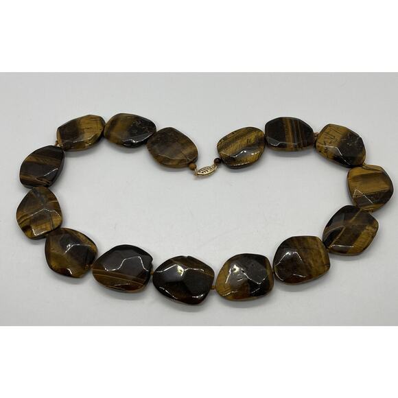 GSJ Signed 14k Gold Tigers Eye Necklace Chunk Stone Heavy Statement 18” Strand - Picture 5 of 9